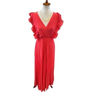 SENES Red Pleated Ruffle V Neck Maxi Dress Italy Fits Medium Casual Glam